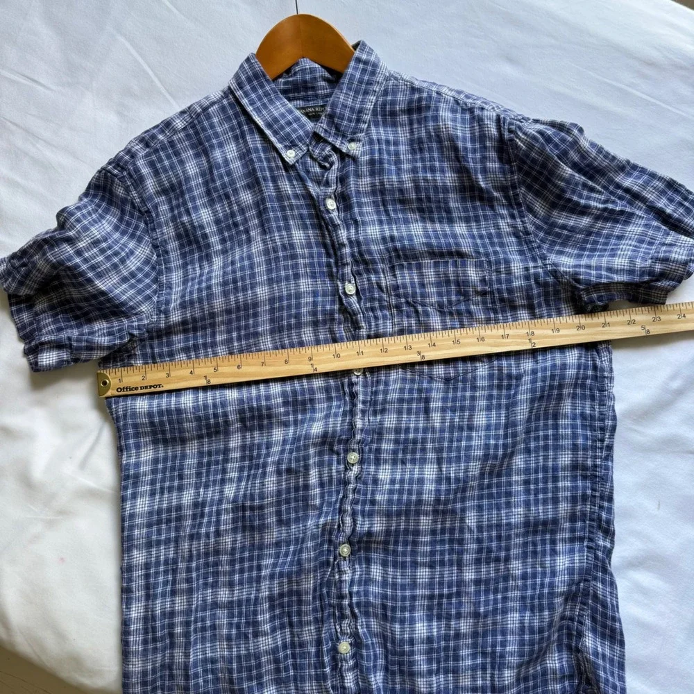 Banana Republic Mens Medium Blue Plaid 100% Linen Camden Standard Fit Shirt SS